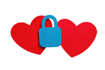 Two red hearts side-by-side with a blue padlock in the middle on a black background