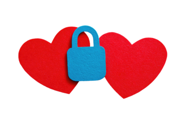 Two red hearts side-by-side with a blue padlock in the middle on a black background