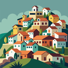 Naklejka premium Colorful hillside village with diverse houses and greenery under a cloudy sky