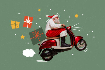 Exclusive full photo collage of happy old man santa claus ride retro motorbike carry present box winter christmas holiday