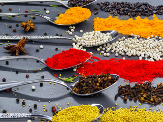 Colorful spices arranged on silver spoons showcasing a variety of flavors and textures in a kitchen setting