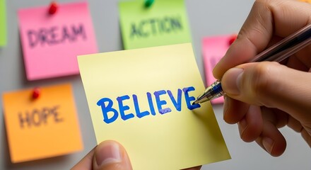 Hand writing the word Believe on a sticky note for motivation.