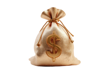 Luxurious, golden moneybag on a black background, tied with a drawstring, featuring a dollar symbol