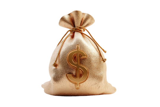 Luxurious, golden moneybag on a black background, tied with a drawstring, featuring a dollar symbol