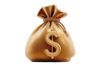 A golden, tied-up bag, with a large golden dollar sign affixed to the front