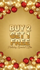 Festive e-commerce banner with golden background and Christmas baubles, highlighting a “Buy 2 Get 1 Free” offer, perfect for holiday sales, promotions, and seasonal marketing.