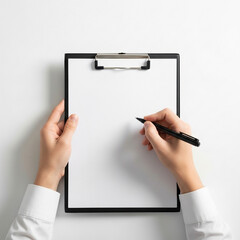 Person writing on a blank clipboard with a pen