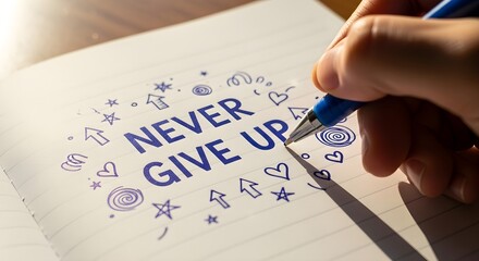 Hand writing the motivational phrase Never Give Up on paper.