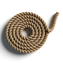 Coiled natural fiber rope forming a spiral on a white background