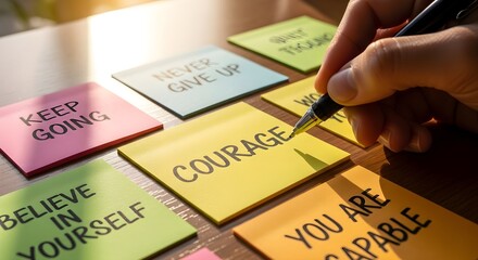 Handwriting Motivational Words on Sticky Notes for Encouragement.