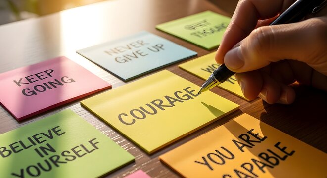 Handwriting Motivational Words on Sticky Notes for Encouragement.