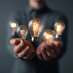 Man hands with bulb lights over his hands flying. Eco system concept.