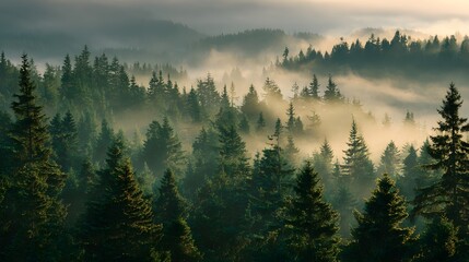 Naklejka premium Majestic view of a lush, evergreen forest shrouded in a thick, ethereal mist, showcasing dense trees and dramatic lighting from above with a breathtaking, natural landscape.