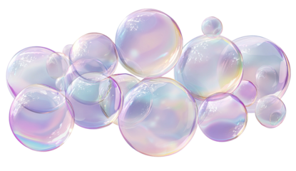 A collection of translucent, spherical orbs reflecting light, colors, and forms a cluster against black