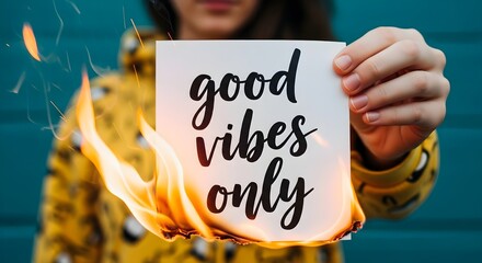 Woman holding a burning paper with good vibes only text.