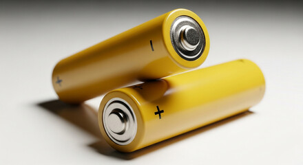Two yellow aa batteries with positive and negative terminals visible
