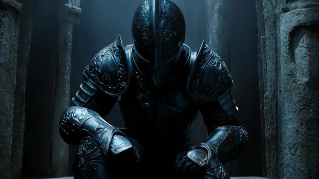 A figure in ornate, dark armor stands in a foreboding stone hallway