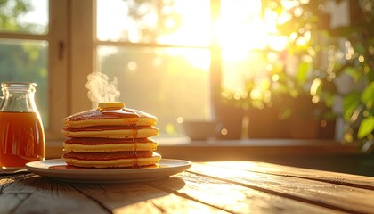Stack of Pancakes Drizzled with Syrup on White Plate with Orange Juice Bottle Near Window during Golden Hour