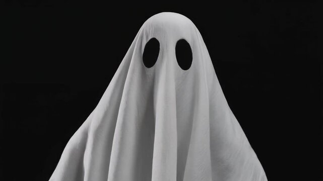 ghost made of bed sheet with eyes cut out hovering close to the camera