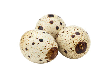 Obraz premium Three speckled quail eggs isolated on transparent background, small bird eggs with brown spots for Easter and culinary use
