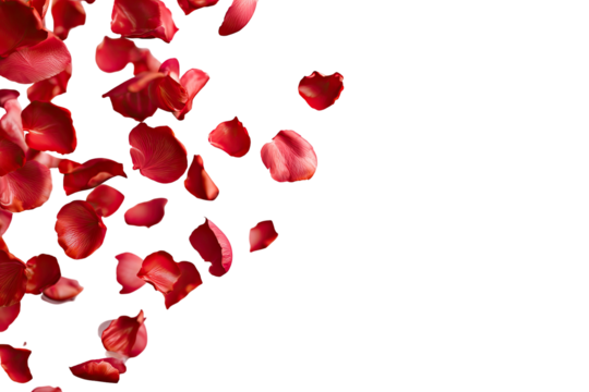 Red petals cascading down against a stark black backdrop, capturing a romantic and elegant feel