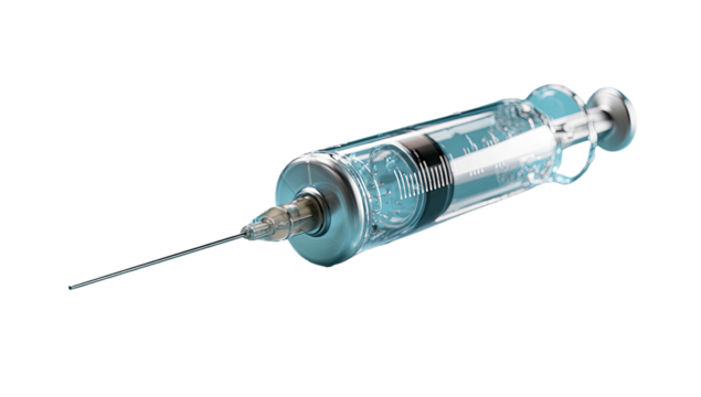 A transparent syringe, filled with a clear liquid, isolated against a black background, showing intricate detail