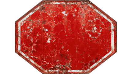 A weathered, red octagonal sign with white border, showing heavy signs of wear and age