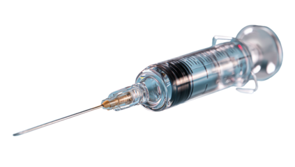 A clear, glass medical syringe with a needle is isolated against a black background