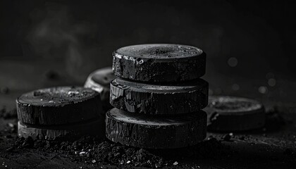 Stack of Round Charcoal Briquettes on Dark Textured Surface with Soft Lighting and Smoke in Monochrome