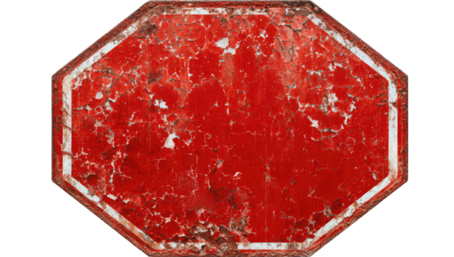 A weathered, red octagonal sign with white border, showing heavy signs of wear and age - Powered by Adobe