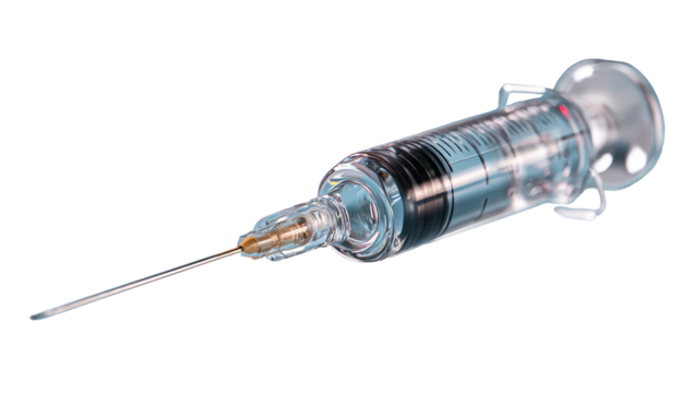 A clear, glass medical syringe with a needle is isolated against a black background
