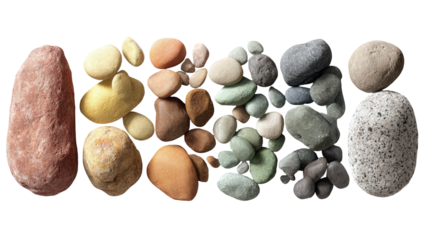 An assortment of naturally colored, smooth stones, arranged in a gradient row against a black backdrop