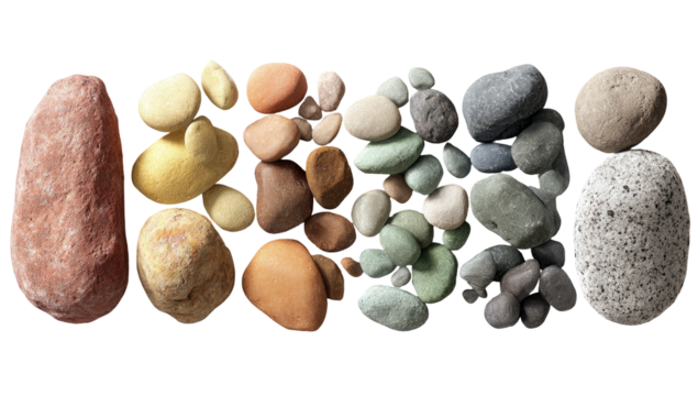An assortment of naturally colored, smooth stones, arranged in a gradient row against a black backdrop