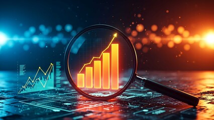 Magnifying glass highlights financial bar chart with rising arrow, representing business growth, investment success, profit strategy, and economic performance.