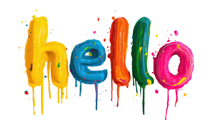 Colorful, drippy word "hello" rendered in vibrant paint against a black background