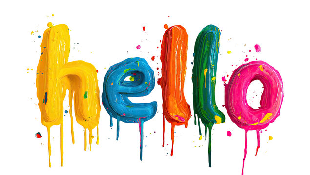 Colorful, drippy word "hello" rendered in vibrant paint against a black background