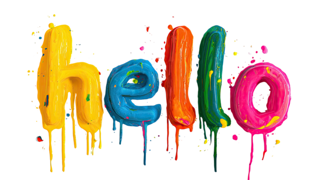 Colorful, drippy word "hello" rendered in vibrant paint against a black background