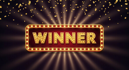 Winner sign with falling confetti and spotlight effect