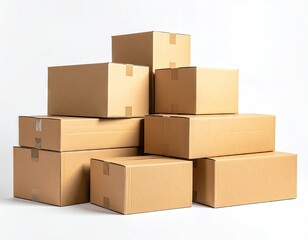 Stacked Corrugated Cardboard Boxes on White Background Delivery and Packaging