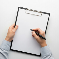 Person s hands writing on a blank clipboard with a pen