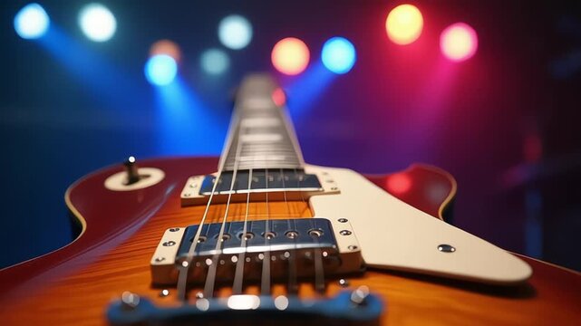 Close up view of electric guitar with illuminated stage lights creating bokeh effect