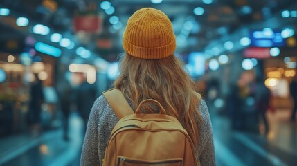 Obraz premium Woman with a yellow beanie waits in a bustling airport terminal during evening hours, surrounded by fellow travelers and bright lights
