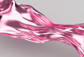 Fototapeta premium 3D illustration depicts a flowing, wavy pink metallic fabric on a gray background. Smooth, fluid curves, glossy reflections, and abstract shapes evoking liquid motion in vibrant pink shades.
