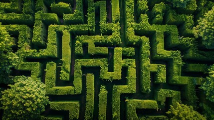 Maze made of green hedges, top view, sunny garden style, aerial perspective.