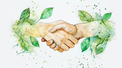 A harmonious handshake symbolizing unity and collaboration, surrounded by vibrant green leaves representing growth and harmony.