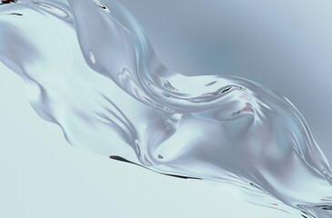 3D abstract illustration in a futuristic style, showing a flowing, translucent, liquid-like shape in soft blue and silver tones. Smooth, organic curves create a sense of motion and ethereal elegance.