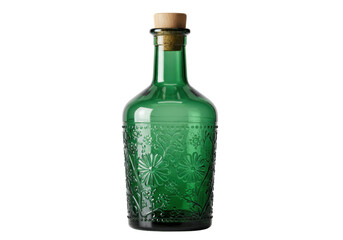Green glass bottle with floral pattern isolated, vintage style decorative container for oil or vinegar on transparent background