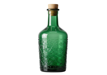 Green glass bottle with floral pattern isolated, vintage style decorative container for oil or vinegar on transparent background