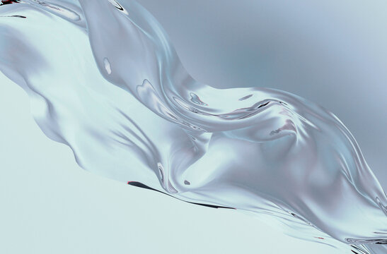 3D abstract illustration in a futuristic style, showing a flowing, translucent, liquid-like shape in soft blue and silver tones. Smooth, organic curves create a sense of motion and ethereal elegance.