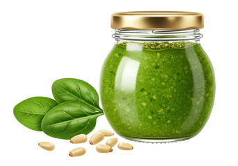 Delicious pesto in a glass jar isolated on transparent background, fresh basil leaves and pine nuts for Italian cuisine and healthy eating